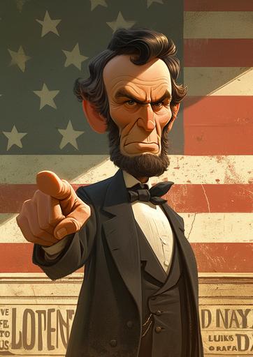 2d cartoon character abraham lincoln giving a speech, funny, wacky, short body type, big head, full body, color pencil texture, the background should be gettysburg west virgina during the civil war --ar 5:7 --s 250 --niji 6