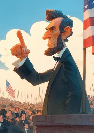 2d cartoon character abraham lincoln giving a speech at the gettysburg address, funny, wacky, short body type, traditional medium feel, big head, full body, color pencil texture, in the background should be gettysburg west virgina during the civil war --ar 5:7 --s 250 --niji 6