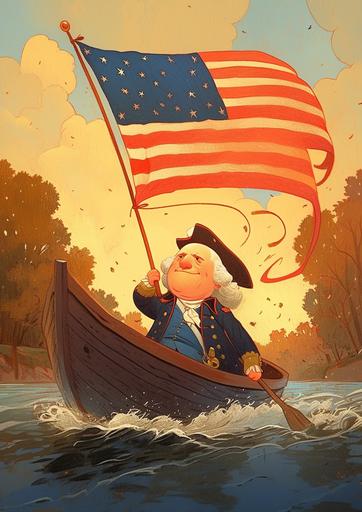 2d cartoon character of george washington in a small boat crossing the delaware river, dressed in union general outfit, civil war, cute, funny, wacky, short body type, big head, full body, color pencil texture, the background should be a cartoon version of a deleware river bank at sunset --ar 5:7 --s 250 --niji 6