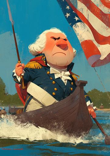 2d cartoon character of george washington in a small boat crossing the delaware river, dressed in union general outfit, civil war, cute, funny, wacky, short body type, big head, full body, color pencil texture, the background should be a cartoon version of a deleware river bank at sunset --ar 5:7 --s 250 --niji 6