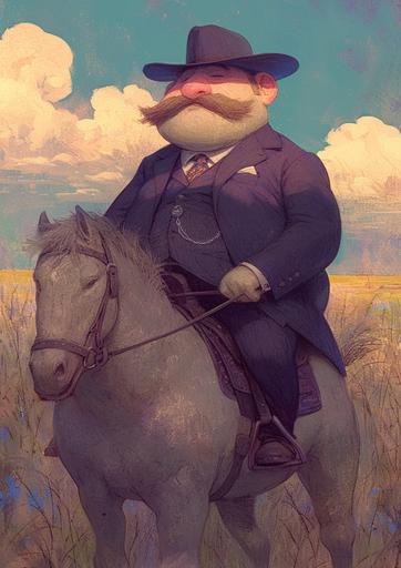 2d cartoon character of teddy roosevelt sitting stoically on a 2d short cartoon horse, mustache, rugged, funny, short body type, full body, drawn with a color pencil, heavy texture, background is a western field --ar 5:7 --s 250 --niji 6