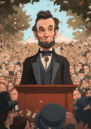 2d cartoon imagine of abraham lincoln standing behind a podium addressing a crowd in front of him, animated and dynamic pose, dynamic composition, style of craig of the creek, drawn with color pencil, short proportions, stubby body, full body, clean, smile, 2d, color pencil, heavy texture --ar 5:7 --s 250 --v 6.0