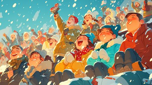 2d cartoon of funny 2 cartoon hockey fans in crowd sitting outside in the cold on a snowy day cheering for their team, crowd should be linear and looking straight ahead --ar 16:9 --s 250 --niji 6