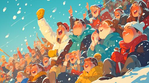 2d cartoon of funny 2 cartoon hockey fans in crowd sitting outside in the cold on a snowy day cheering for their team, crowd should be linear and looking straight ahead --ar 16:9 --s 250 --niji 6