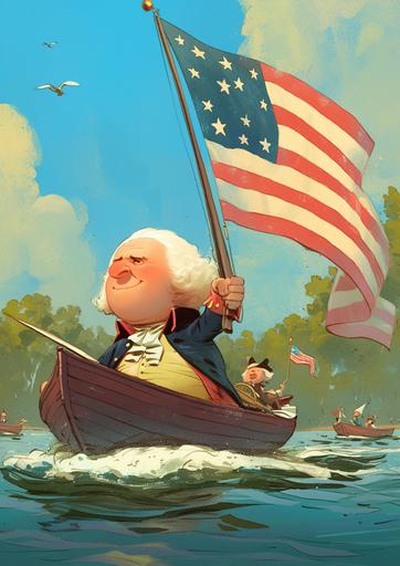 2d cartoon of george washington cross the delaware river with an american flag from 1776 behind him, historically accurate wardrobe, funny, wacky, short body type, traditional medium feel, big head, full body, color pencil texture --ar 5:7 --s 250 --niji 6