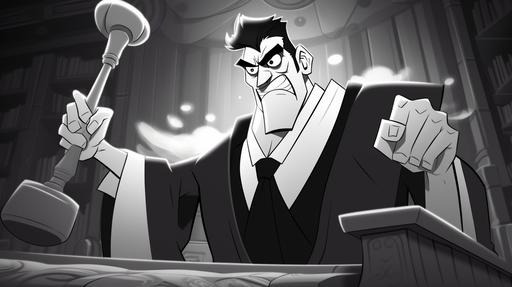 a anime style cartoon of gigantic court judge slamming his gavel down on the desk, mostly grayscale with a few color pops in the style of samurai jack --ar 16:9 --style raw