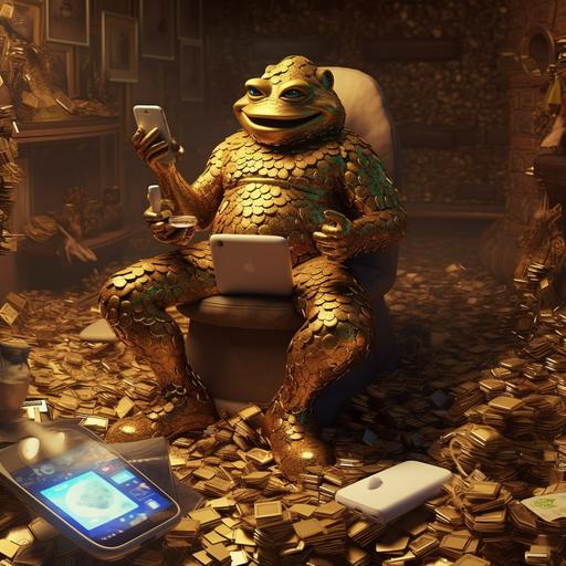a cg man sitting on a toilet on his phone. he is dressed in a crazy frog outfit surround by stacks of gold coins --q 2 --s 750