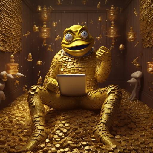 a cg man sitting on a toilet on his phone. he is dressed in a crazy frog outfit surround by stacks of gold coins --q 2 --s 750