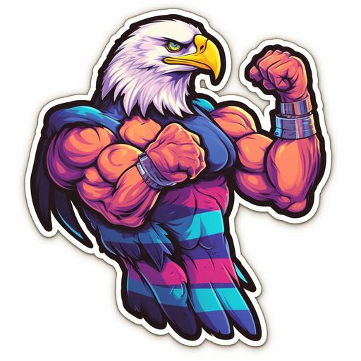 cartoon bald eagle flexing muscles, 80s style sticker, neon colors, vibrant --style raw