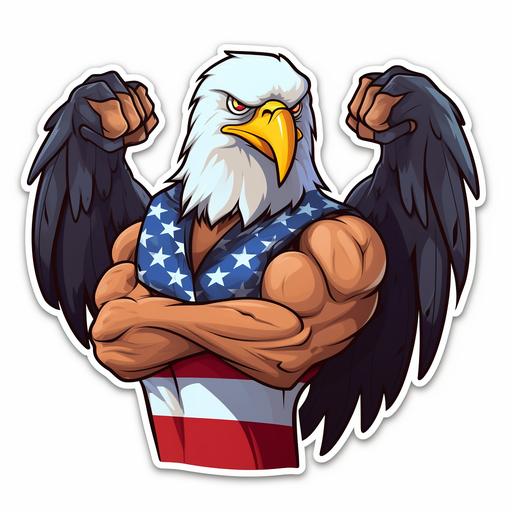 cartoon bald eagle with american flag flexing muscles, 80s style sticker, neon colors, vibrant --style raw