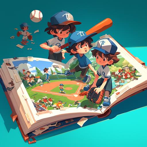 childrens book product mockup with s2 cartoon baseball players on it in the style of craig of the creek --s 250 --niji 6