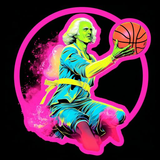 george washington dunking a basketball, 80s style sticker, neon colors, vibrant --style raw