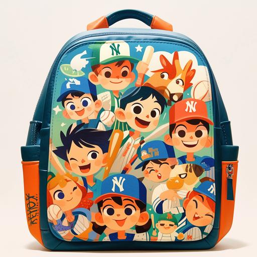 kids backpack with 2d cartoon baseball players on it, yankees colors, in the style of craig of the creek --s 250 --niji 6