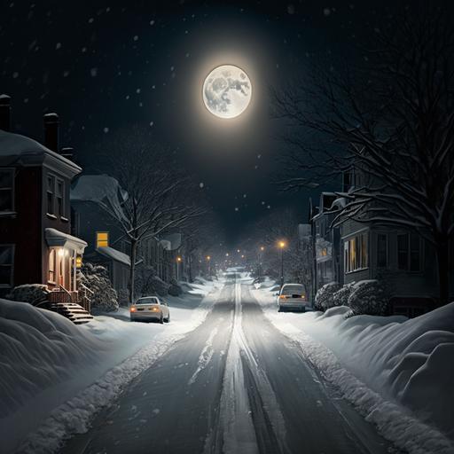 loney street at night on a snowy neighborhood street. camera is at eye level looking stright down the middle of the road. cool gray toanes with moon light hitting the top of the snow. cars are covered in snow, but there are no cars driving. there are soft warm street lights illuminating the road.