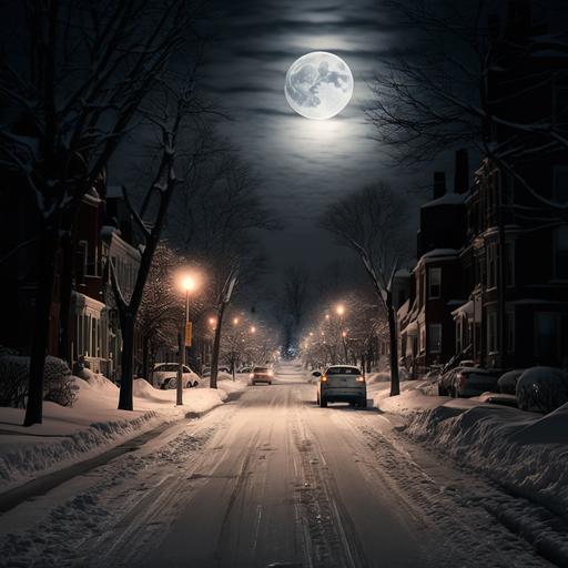 loney street at night on a snowy neighborhood street. camera is at eye level looking stright down the middle of the road. cool gray toanes with moon light hitting the top of the snow. cars are covered in snow, but there are no cars driving. there are soft warm street lights illuminating the road.
