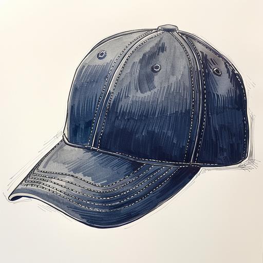 marker product drawing of a navy blue baseball hat on vellum paper --no seams on hat --s 250 --v 6.0