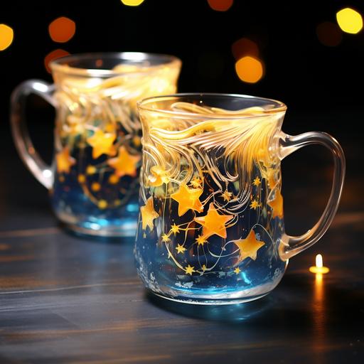 pair of blue alembic mugs with colorful star encrusted star straw, in the style of anime aesthetic, luminous and dreamlike scenes, transparent/translucent medium, dark sky-blue and light yellow, minimalist pen lines, sparklecore, highly imaginative worlds