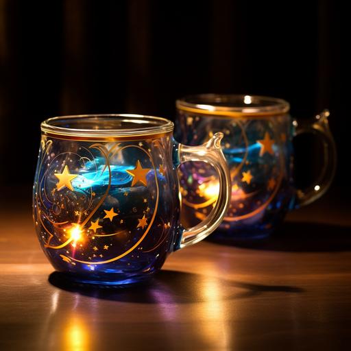 pair of blue alembic mugs with colorful star encrusted star straw, in the style of anime aesthetic, luminous and dreamlike scenes, transparent/translucent medium, dark sky-blue and light yellow, minimalist pen lines, sparklecore, highly imaginative worlds