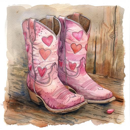 pair of pink cowboy boots with hearts in the stitching of the boot, rustic water color syle