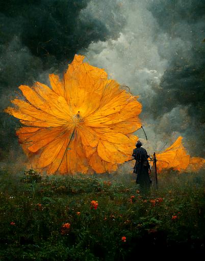 paladin in a field of marigolds, heavy lightning strikes from the horizon, cinematic lightning --ar 3:4