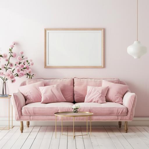 pale pink couch with horizontal picture frame center, copy space