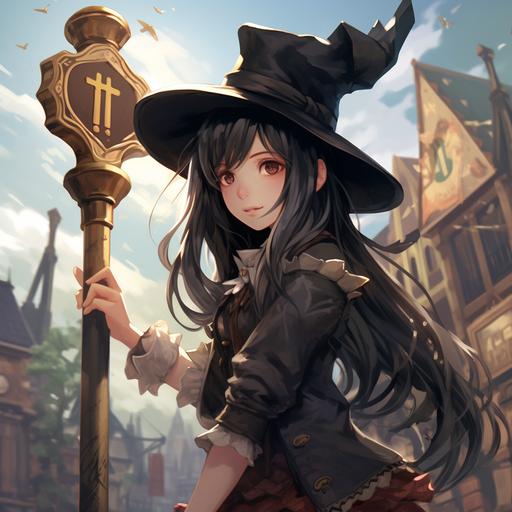 pale young girl with long black hair, long pointed ears, dark brown eyes, oversized twisted all-black felt wizard's hat, black-and-white checkered skirt, black peasant's shirt, next to crossroads signpost, anime style