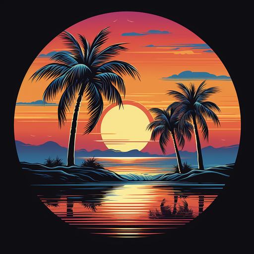 palm tree beach sunset, 1970s logo