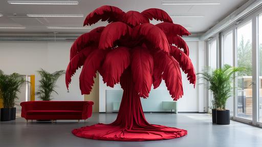 palm tree completely wrapped in red velvet fabric, in the style of the artists Christo and Jeanne-Claude, situated in a neat office environment, fabric covering the tree completely, natural photography, --ar 16:9