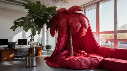 palm tree wrapped in red velvet fabric, in the style of the artists Christo and Jeanne-Claude, situated in a neat office environment, natural photography, --ar 16:9
