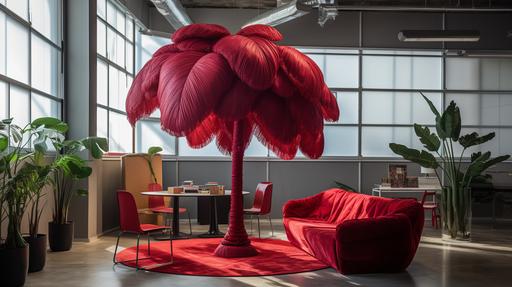 palm tree wrapped in red velvet fabric, in the style of the artists Christo and Jeanne-Claude, situated in a neat office environment, natural photography, --ar 16:9