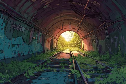 An underground subway station, in the style of soviet, layers, cartoon compositions, 2d illustration, abandoned metro, overgrown grass, bright light --ar 3:2 --v 6.0