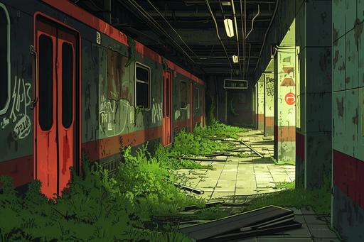 An underground subway station, in the style of soviet, layers, cartoon compositions, 2d illustration, abandoned metro, overgrown grass, bright light --ar 3:2 --v 6.0