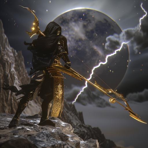 drizzit do'urden attacking with oversized fancy gold bow and ornate arrow sheath facing mountain cliff black ninja clothing large full gold moon lighting storm attacking unknown 8k resolution, hdr, unreal engine, hyperrealism silver nitrate photo aestichetix v 6.0 ar3:2 - relax --v 6.0