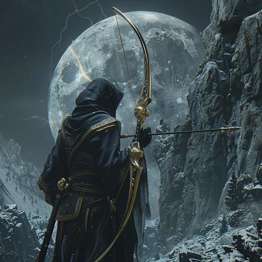 drizzit do'urden with oversized fancy gold bow and ornate arrow sheath facing mountain cliff black ninja clothing large full gold moon lighting storm attacking unknown 8k resolution, hdr, unreal engine, hyperrealism silver nitrate photo aestichetix v 6.0 ar3:2 - relax --v 6.0