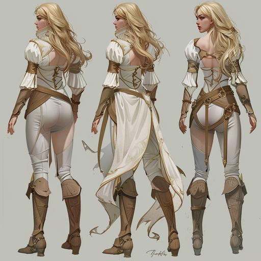 woman fantasy character concrpt art, fell length body turn around character sheet, moon priestess, ff29, cleric, adventurer, blonde mature:1.3 beautiful, active post