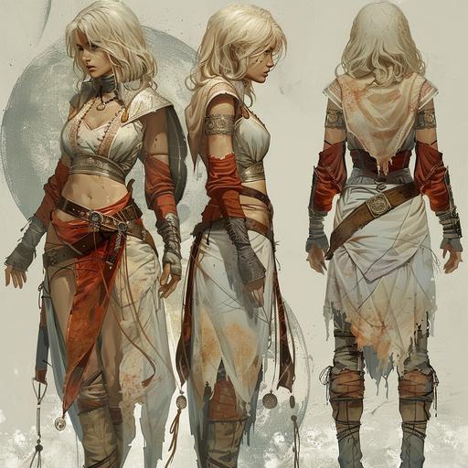 woman fantasy character concrpt art, fell length body turn around character sheet, moon priestess, ff29, cleric, adventurer, blonde mature:1.3 beautiful, active pose