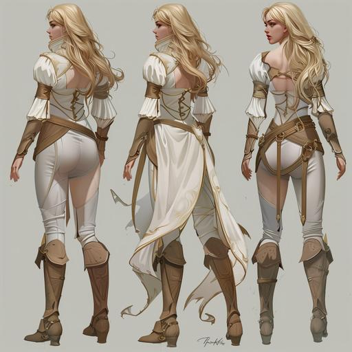 woman fantasy character concrpt art, fell length body turn around character sheet, moon priestess, ff29, cleric, adventurer, blonde mature:1.3 beautiful, active post --v 6.0