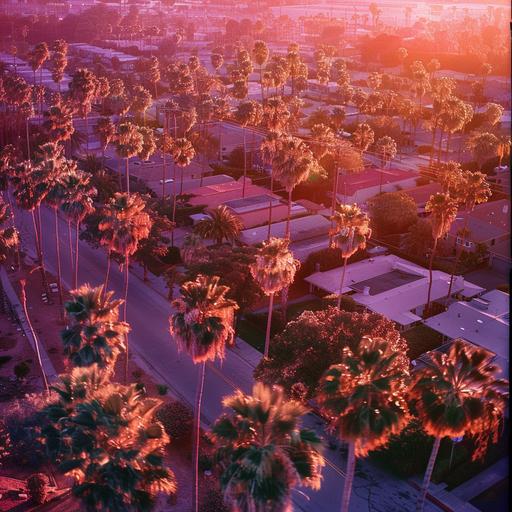 palms and california city seen from above, sunset colors, album cover type photo