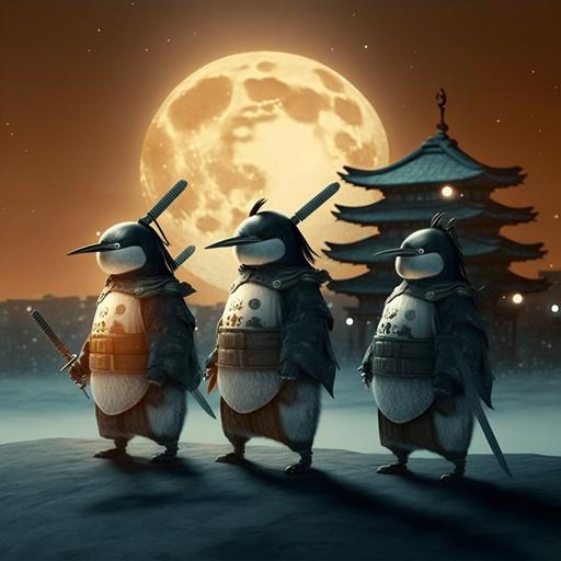 Multiple ninja penguins, cute, Real,3D,Japanese ancient style,distant view,fluffy, Full Moon, Japanese sword, Japanese scenery from the Warring States period, near Budist temple