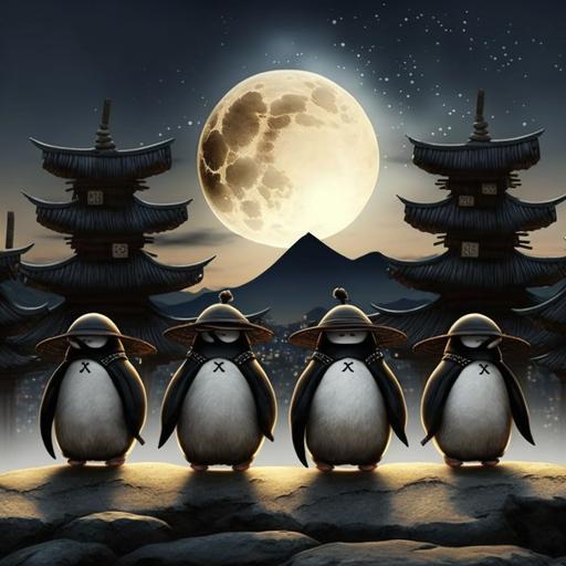 Multiple ninja penguins, cute, Real,3D,Japanese ancient style,distant view,fluffy, Full Moon, Japanese sword, Japanese scenery from the Warring States period, near Budist temple
