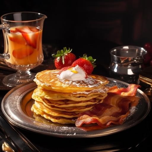 pancake breakfast with strawberries on silver plate with whipped cream, crispy bacon on the side, 8k, high definition, orange juice in clear glass, strawberry syrup