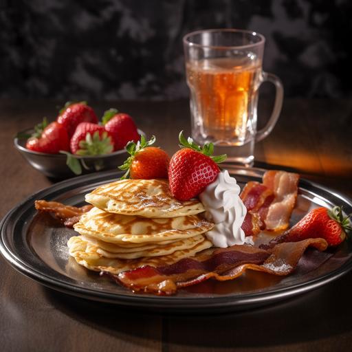 pancake breakfast with strawberries on silver plate with whipped cream, crispy bacon on the side, 8k, high definition, orange juice in clear glass, strawberry syrup