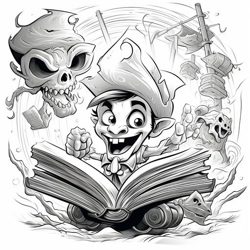 clolring book for kids, Evil pirates, cartoon style, thick lines, low detil, no shading--ar 9:11, black and white images