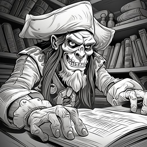 clolring book for kids, Evil pirates, cartoon style, thick lines, low detil, no shading--ar 9:11, black and white images