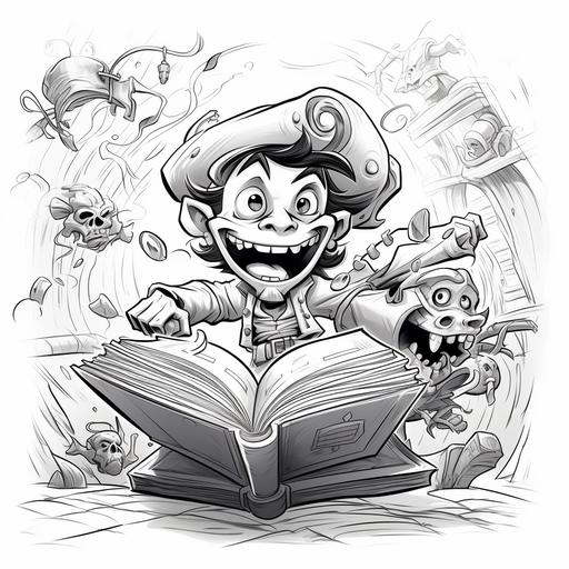 clolring book for kids, Evil pirates, cartoon style, thick lines, low detil, no shading--ar 9:11, black and white images