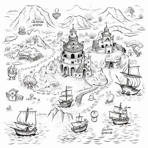 clolring book for kids, Pirate treasure map, cartoon style, thick lines, low detil, no shading--ar 9:11, black and white images