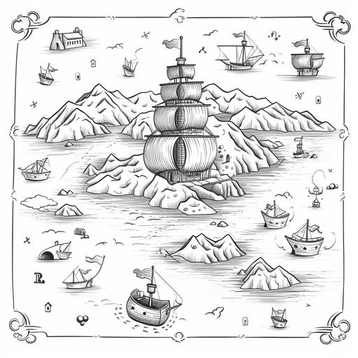 clolring book for kids, Pirate treasure map, cartoon style, thick lines, low detil, no shading--ar 9:11, black and white images