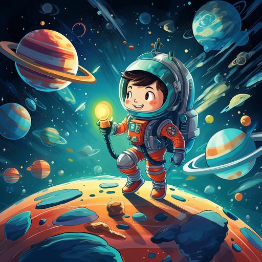 kids illustration , exploring outer space, cartoon style, thick lines, low datil, vivid color--ar 9:11