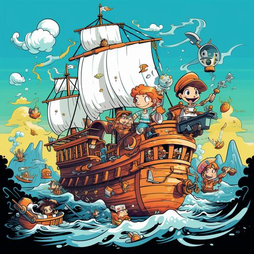 kids illustration, Treasures, pirates, ship, villains, cartoon style, thick lines, low detil, vivid color--ar 9:11,