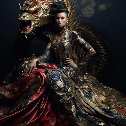 vogue magazine fashion spread, full body, wide angle, modern woman with loong dragon, sumptuously detailed gown with ornate details, opulent, high-fashion, edgy, dramatic, fashion editorial photo::1 , using these colors: Gilded Shimmering Metallic Gold, Purple, Indigo, Dark Orchid, Midnight Blue